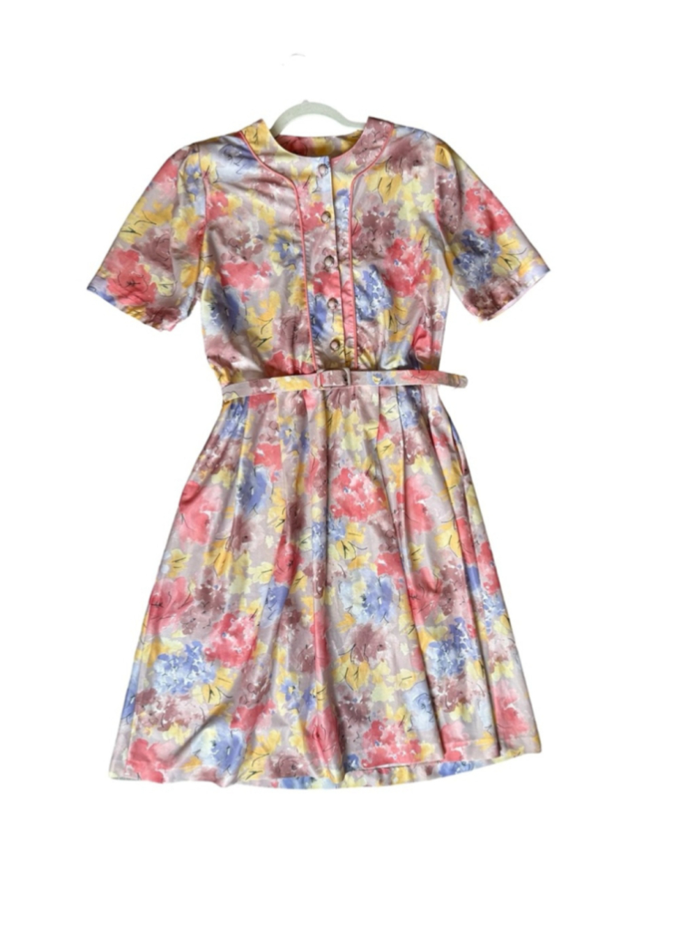 D’Allaird’s Vintage Pastel Floral Belted Midi Dress in Pink, Lavender Size L - Picture 2 of 11